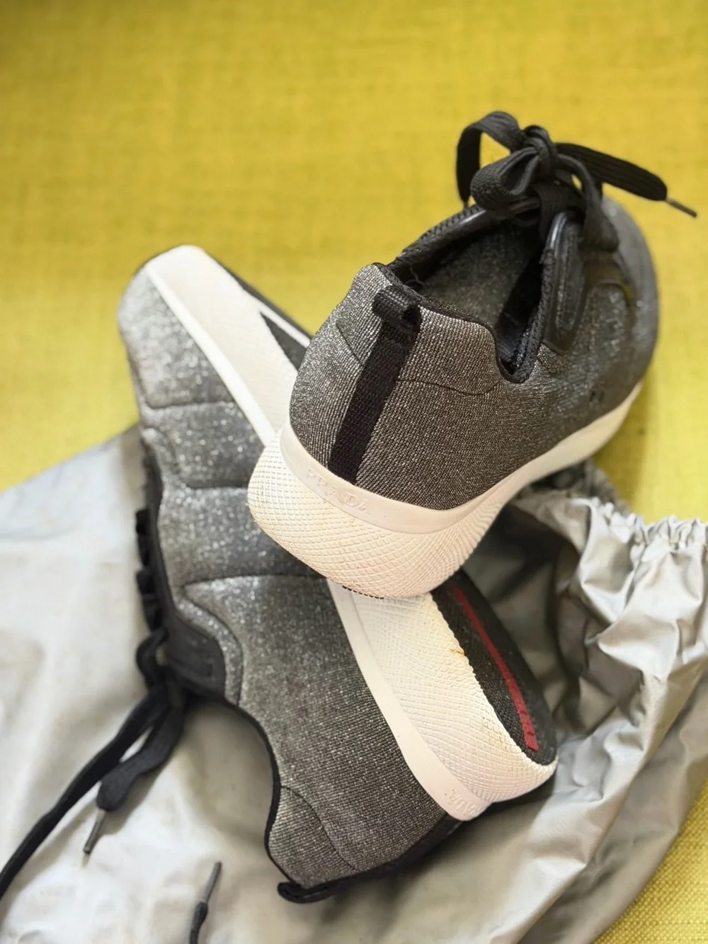 Prada Silver Glitter and Black Lace-Up Sneakers